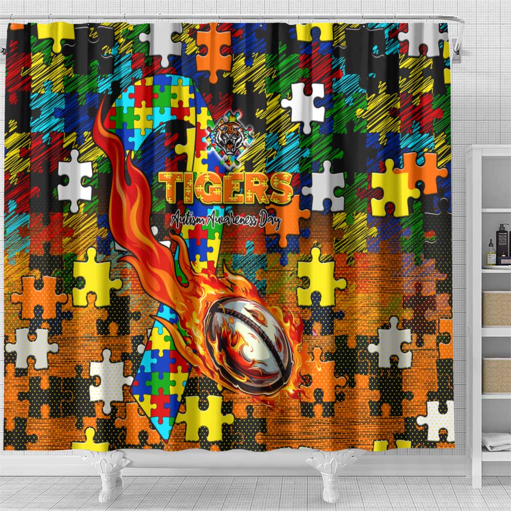 Tigers Autism Awareness Shower Curtain Puzzle Flames Rugby Ball