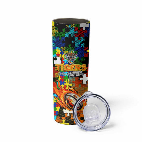 Tigers Autism Awareness Skinny Tumbler Puzzle Flames Rugby Ball