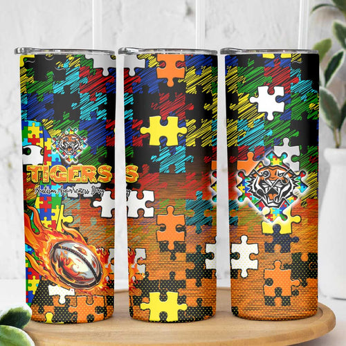 Tigers Autism Awareness Skinny Tumbler Puzzle Flames Rugby Ball