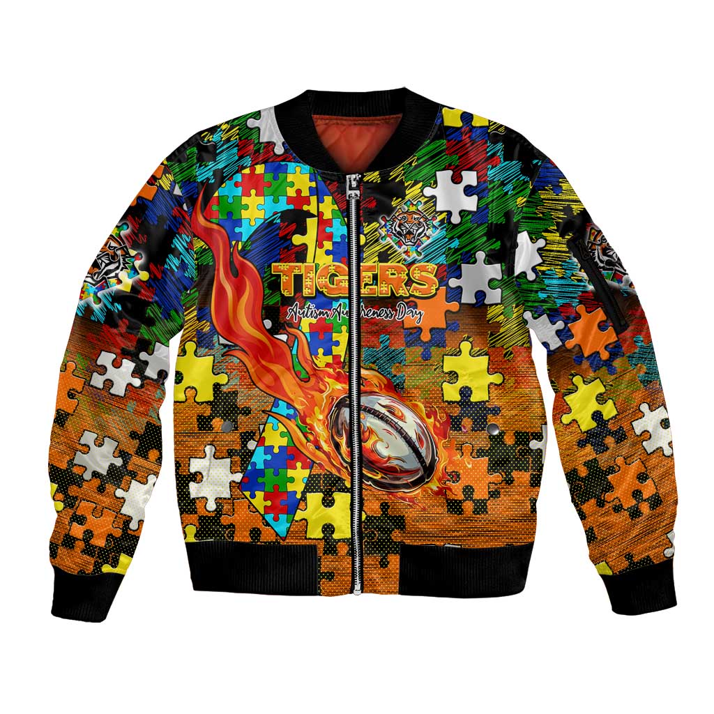 Tigers Autism Awareness Sleeve Zip Bomber Jacket Puzzle Flames Rugby Ball