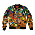 Tigers Autism Awareness Sleeve Zip Bomber Jacket Puzzle Flames Rugby Ball