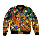 Tigers Autism Awareness Sleeve Zip Bomber Jacket Puzzle Flames Rugby Ball