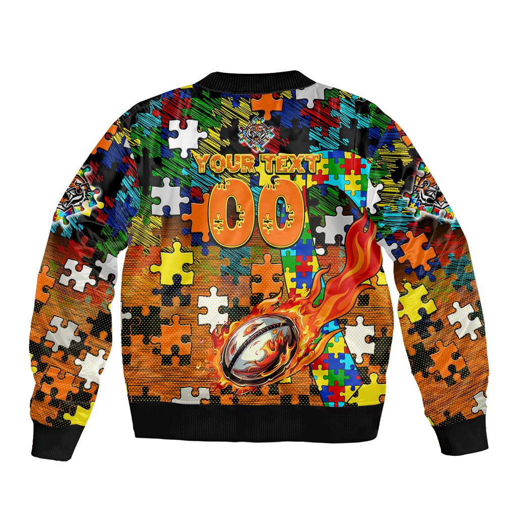 Tigers Autism Awareness Sleeve Zip Bomber Jacket Puzzle Flames Rugby Ball