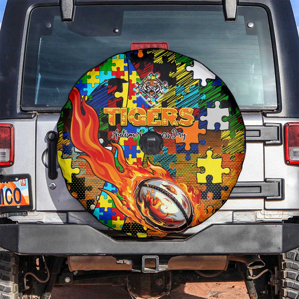 Tigers Autism Awareness Spare Tire Cover Puzzle Flames Rugby Ball