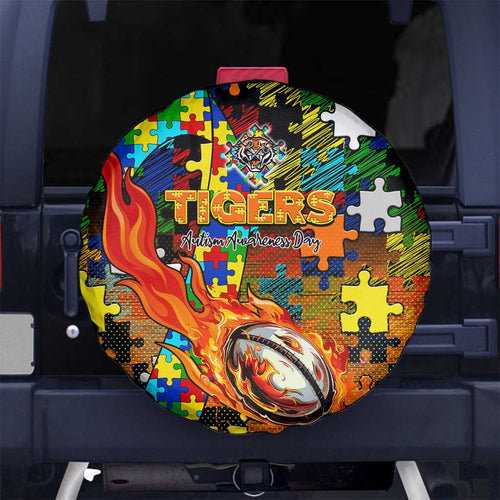 Tigers Autism Awareness Spare Tire Cover Puzzle Flames Rugby Ball