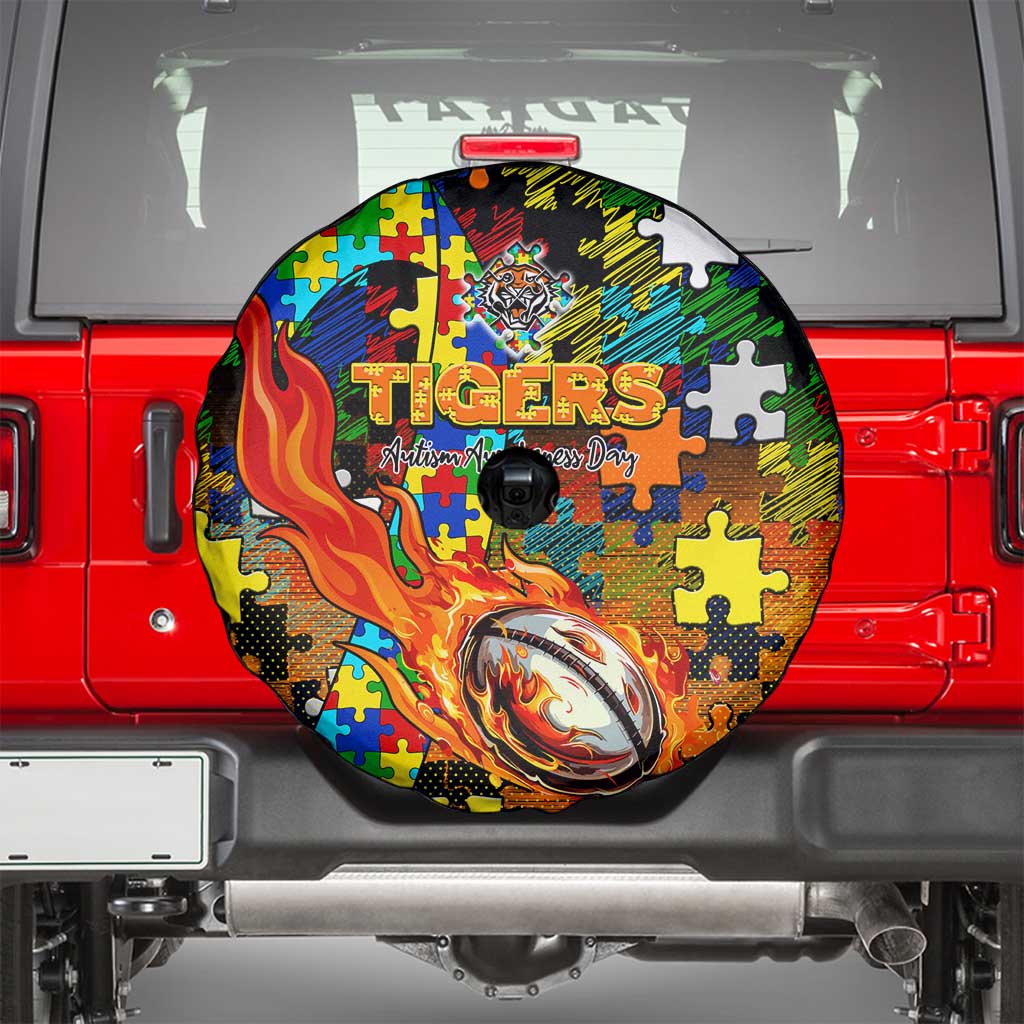Tigers Autism Awareness Spare Tire Cover Puzzle Flames Rugby Ball