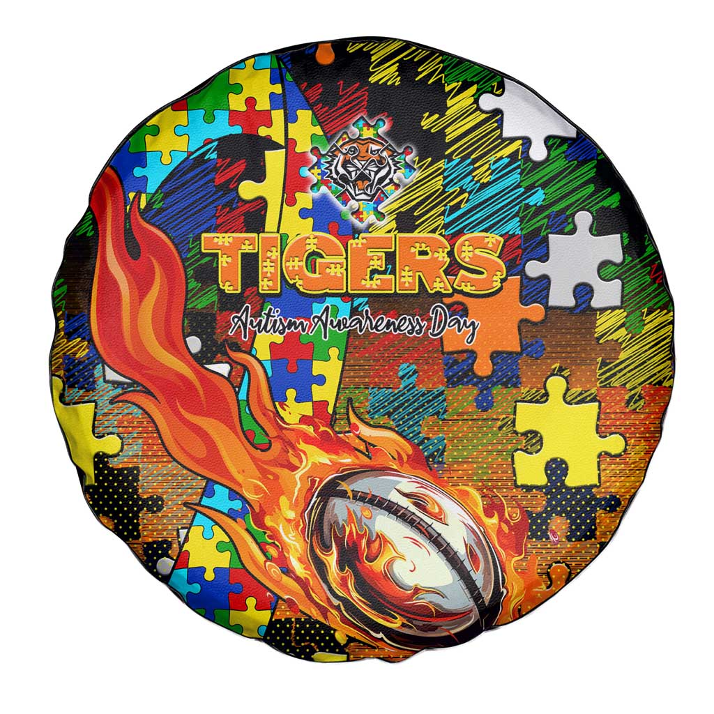 Tigers Autism Awareness Spare Tire Cover Puzzle Flames Rugby Ball
