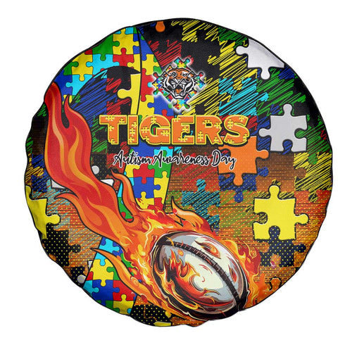 Tigers Autism Awareness Spare Tire Cover Puzzle Flames Rugby Ball