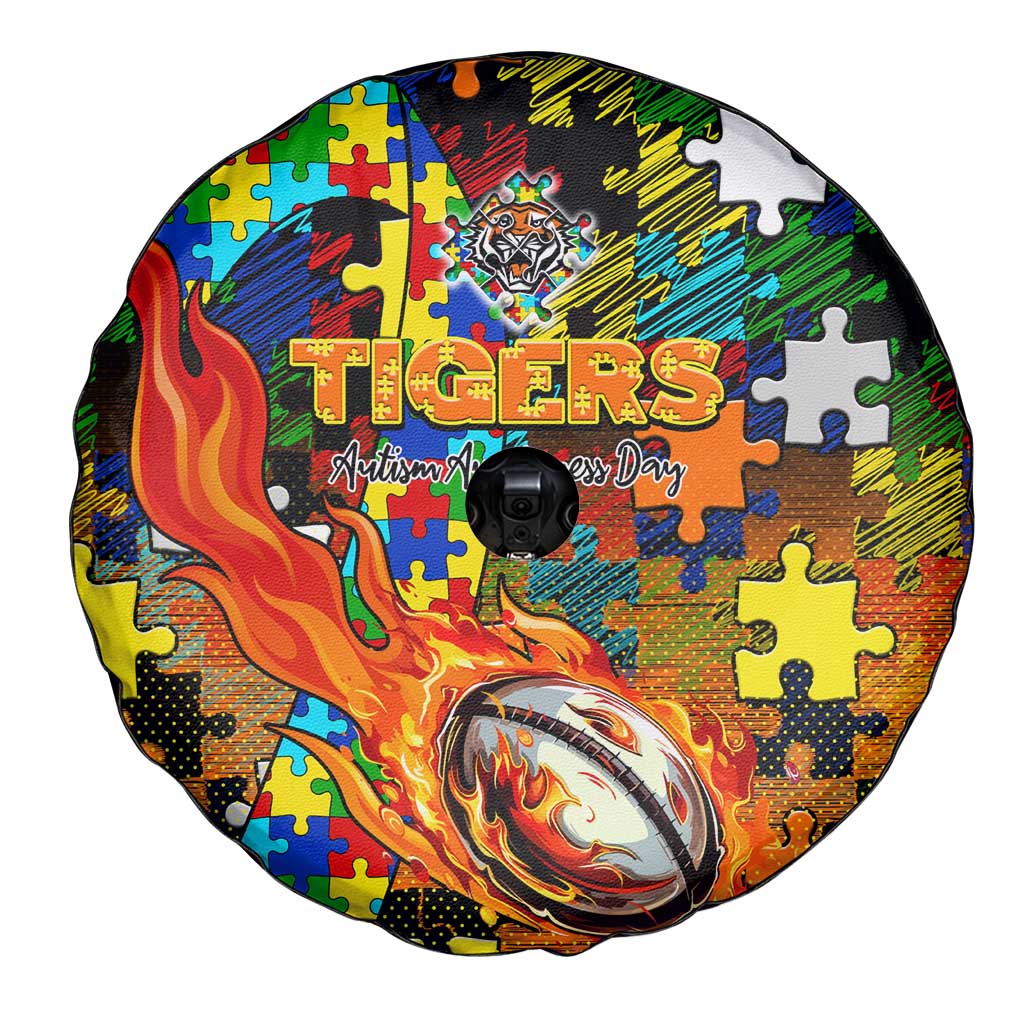 Tigers Autism Awareness Spare Tire Cover Puzzle Flames Rugby Ball