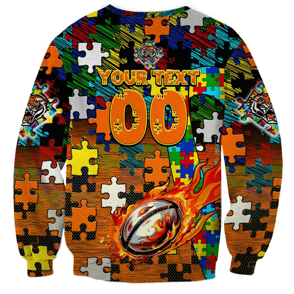 Tigers Autism Awareness Sweatshirt Puzzle Flames Rugby Ball