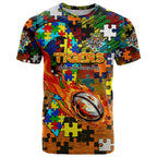 Tigers Autism Awareness T Shirt Puzzle Flames Rugby Ball
