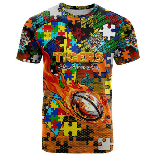 Tigers Autism Awareness T Shirt Puzzle Flames Rugby Ball