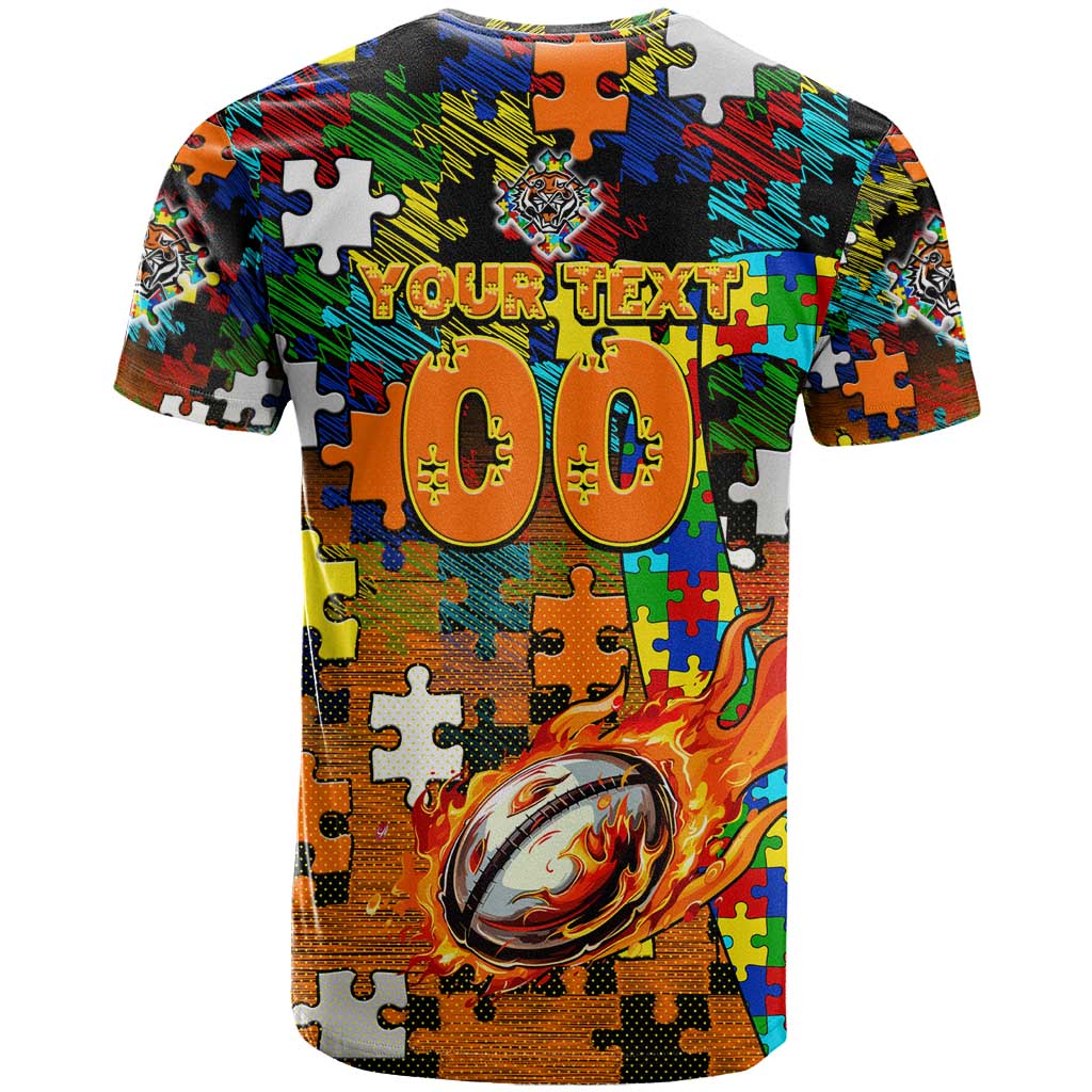 Tigers Autism Awareness T Shirt Puzzle Flames Rugby Ball