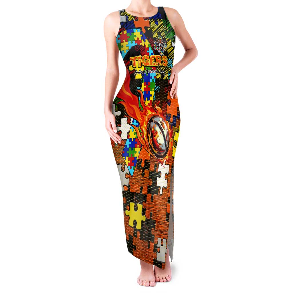 Tigers Autism Awareness Tank Maxi Dress Puzzle Flames Rugby Ball