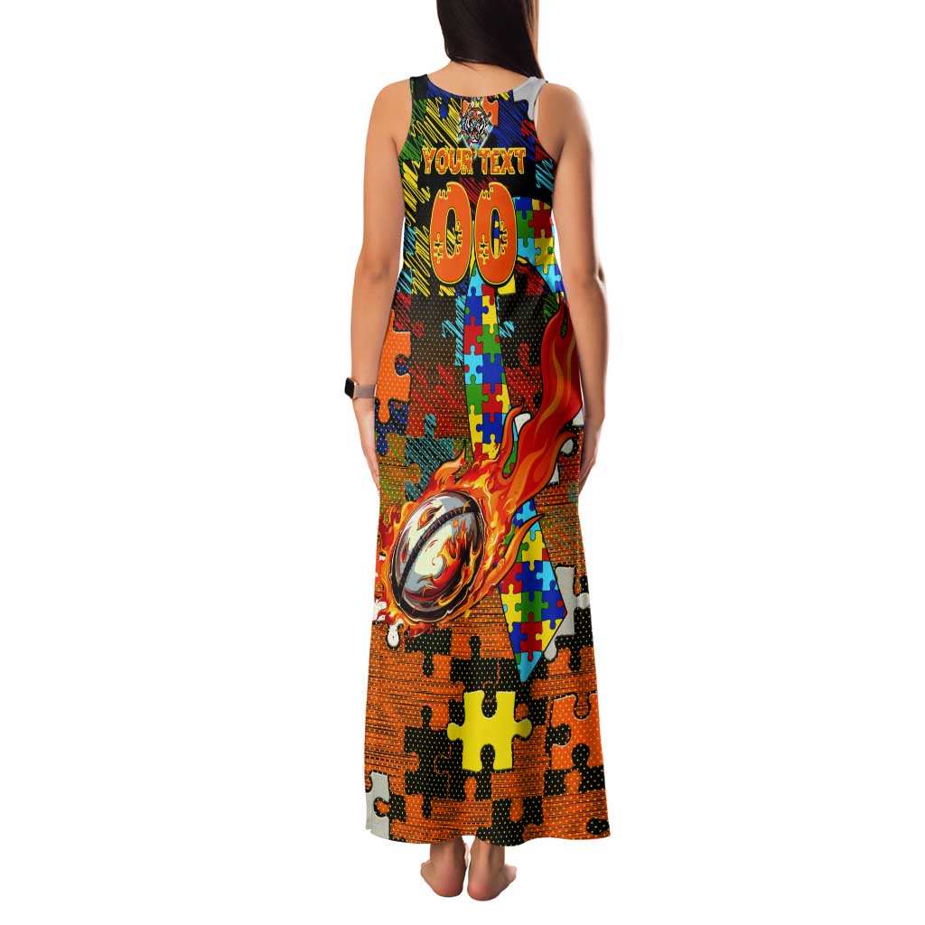 Tigers Autism Awareness Tank Maxi Dress Puzzle Flames Rugby Ball