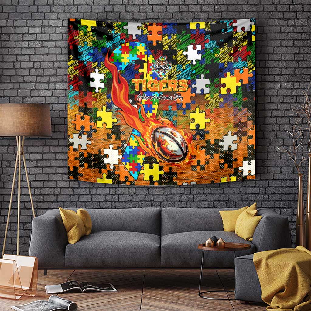 Tigers Autism Awareness Tapestry Puzzle Flames Rugby Ball