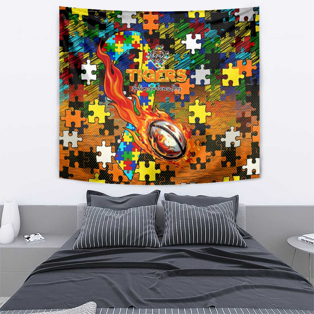 Tigers Autism Awareness Tapestry Puzzle Flames Rugby Ball