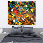 Tigers Autism Awareness Tapestry Puzzle Flames Rugby Ball