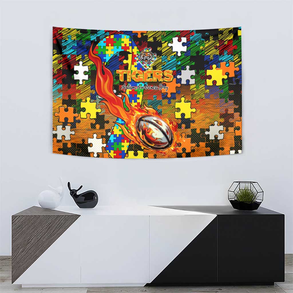 Tigers Autism Awareness Tapestry Puzzle Flames Rugby Ball