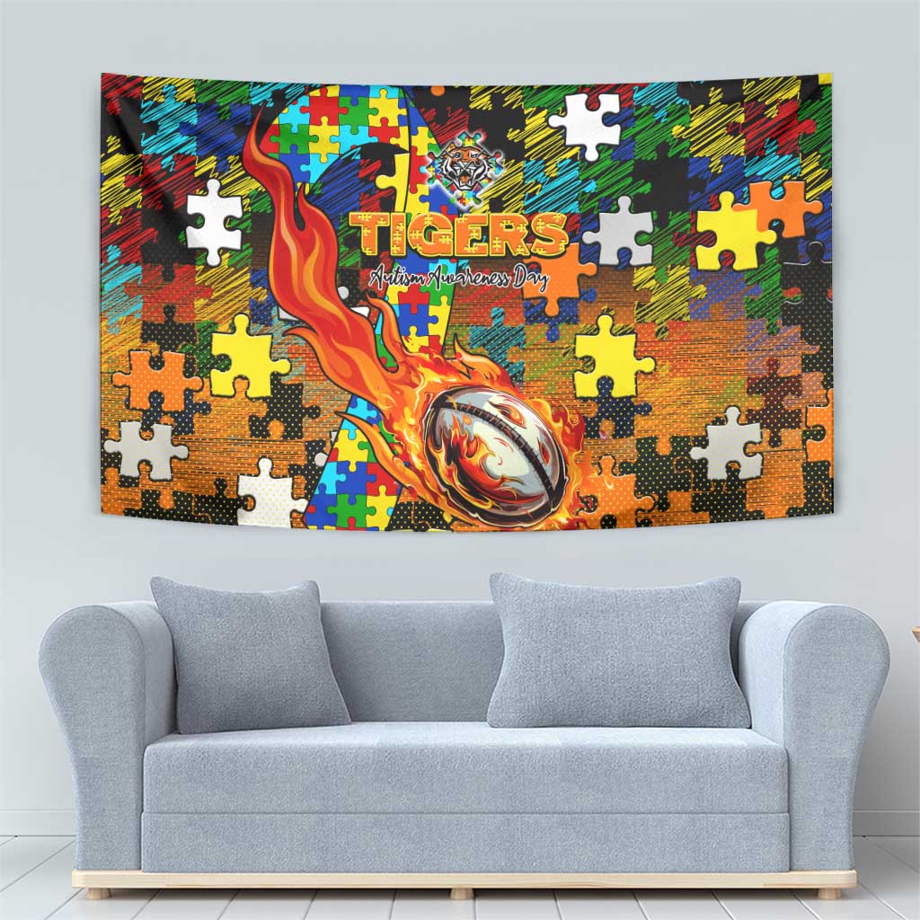 Tigers Autism Awareness Tapestry Puzzle Flames Rugby Ball