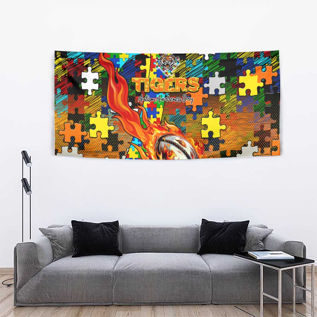 Tigers Autism Awareness Tapestry Puzzle Flames Rugby Ball