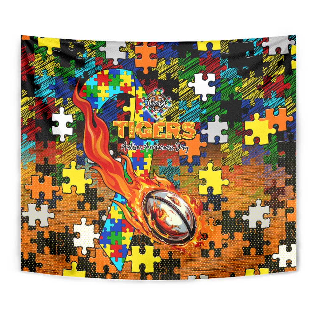 Tigers Autism Awareness Tapestry Puzzle Flames Rugby Ball