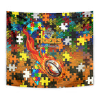 Tigers Autism Awareness Tapestry Puzzle Flames Rugby Ball