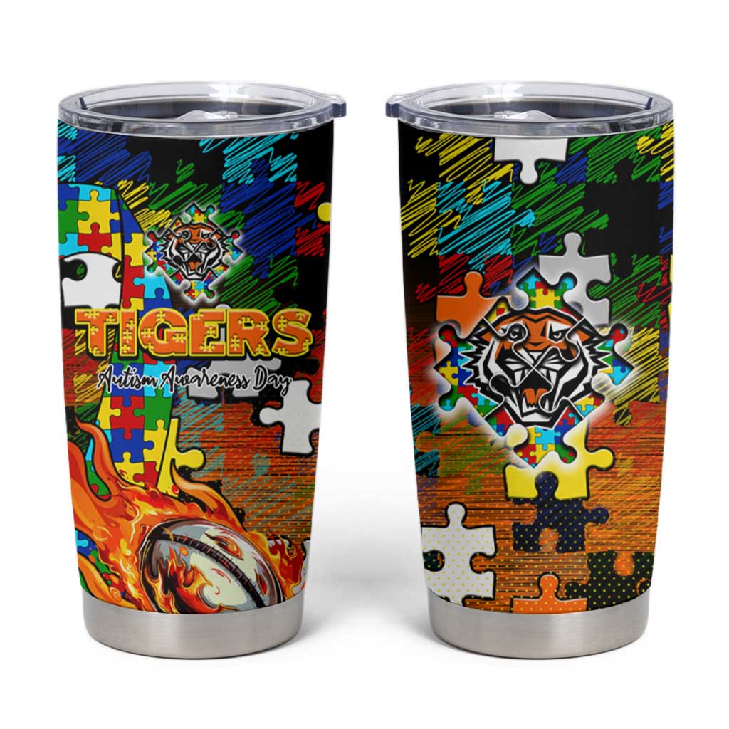 Tigers Autism Awareness Tumbler Cup Puzzle Flames Rugby Ball