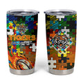Tigers Autism Awareness Tumbler Cup Puzzle Flames Rugby Ball