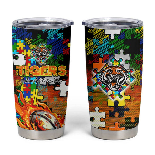 Tigers Autism Awareness Tumbler Cup Puzzle Flames Rugby Ball