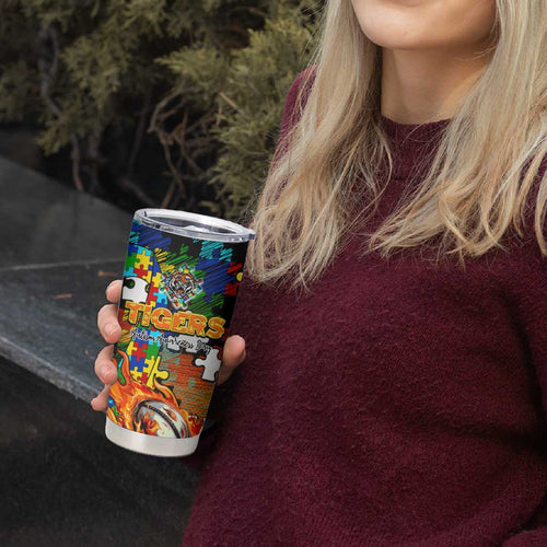 Tigers Autism Awareness Tumbler Cup Puzzle Flames Rugby Ball