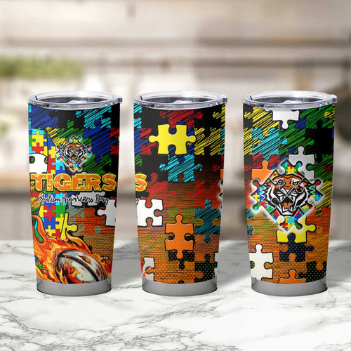 Tigers Autism Awareness Tumbler Cup Puzzle Flames Rugby Ball