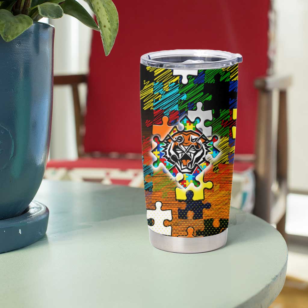 Tigers Autism Awareness Tumbler Cup Puzzle Flames Rugby Ball