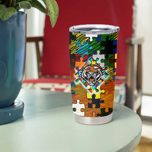 Tigers Autism Awareness Tumbler Cup Puzzle Flames Rugby Ball
