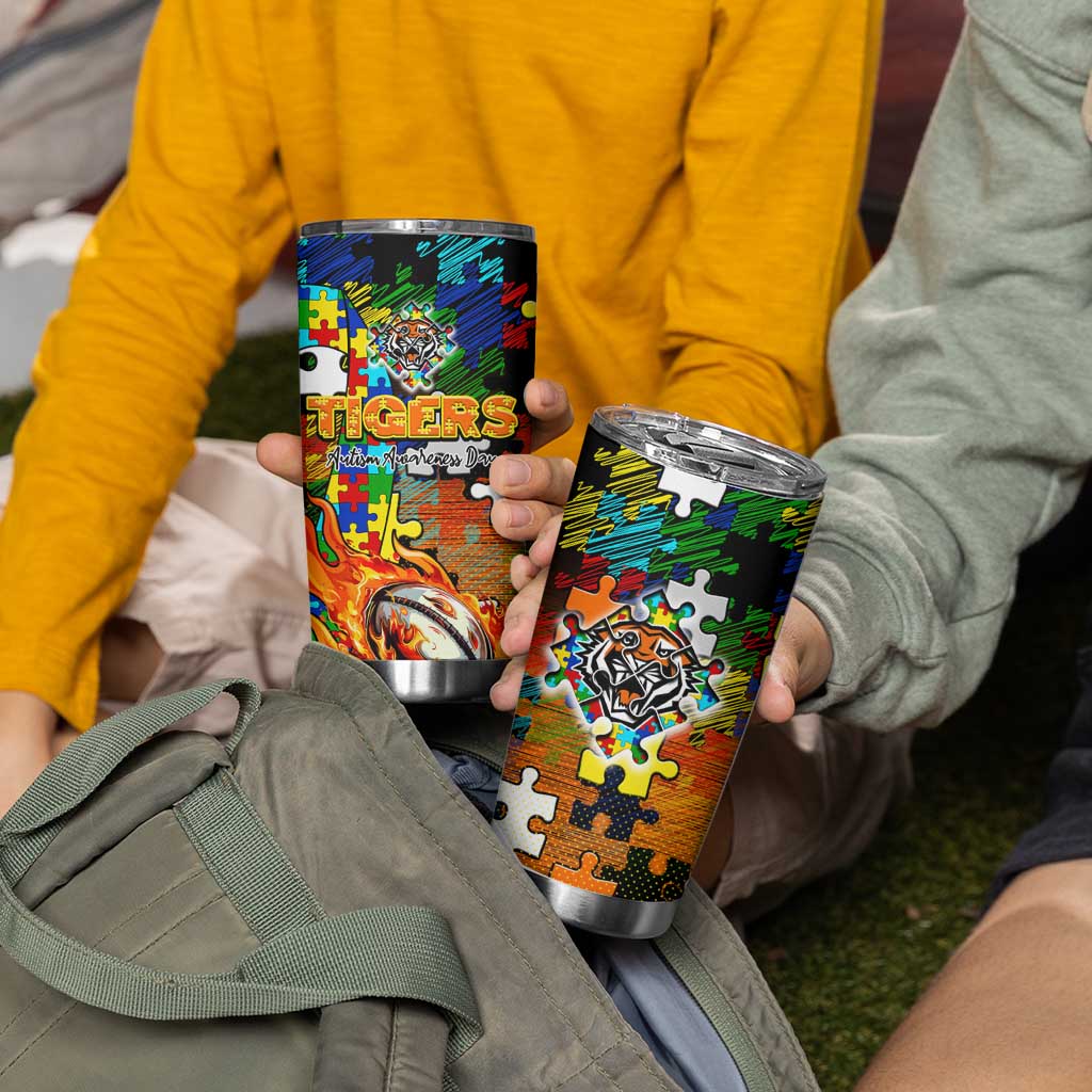Tigers Autism Awareness Tumbler Cup Puzzle Flames Rugby Ball