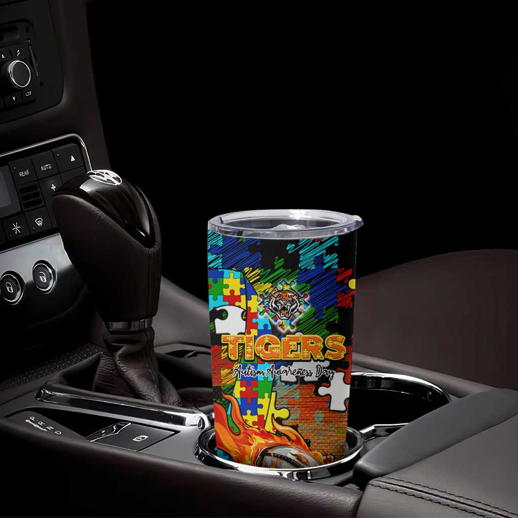 Tigers Autism Awareness Tumbler Cup Puzzle Flames Rugby Ball