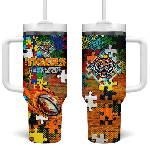 Tigers Autism Awareness Tumbler With Handle Puzzle Flames Rugby Ball