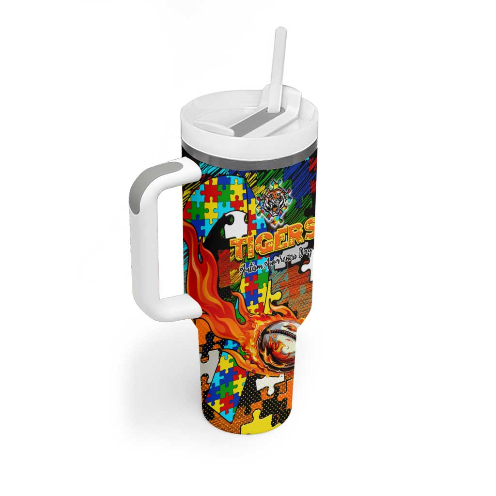 Tigers Autism Awareness Tumbler With Handle Puzzle Flames Rugby Ball