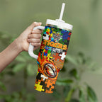 Tigers Autism Awareness Tumbler With Handle Puzzle Flames Rugby Ball