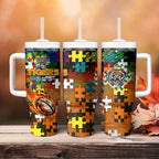 Tigers Autism Awareness Tumbler With Handle Puzzle Flames Rugby Ball