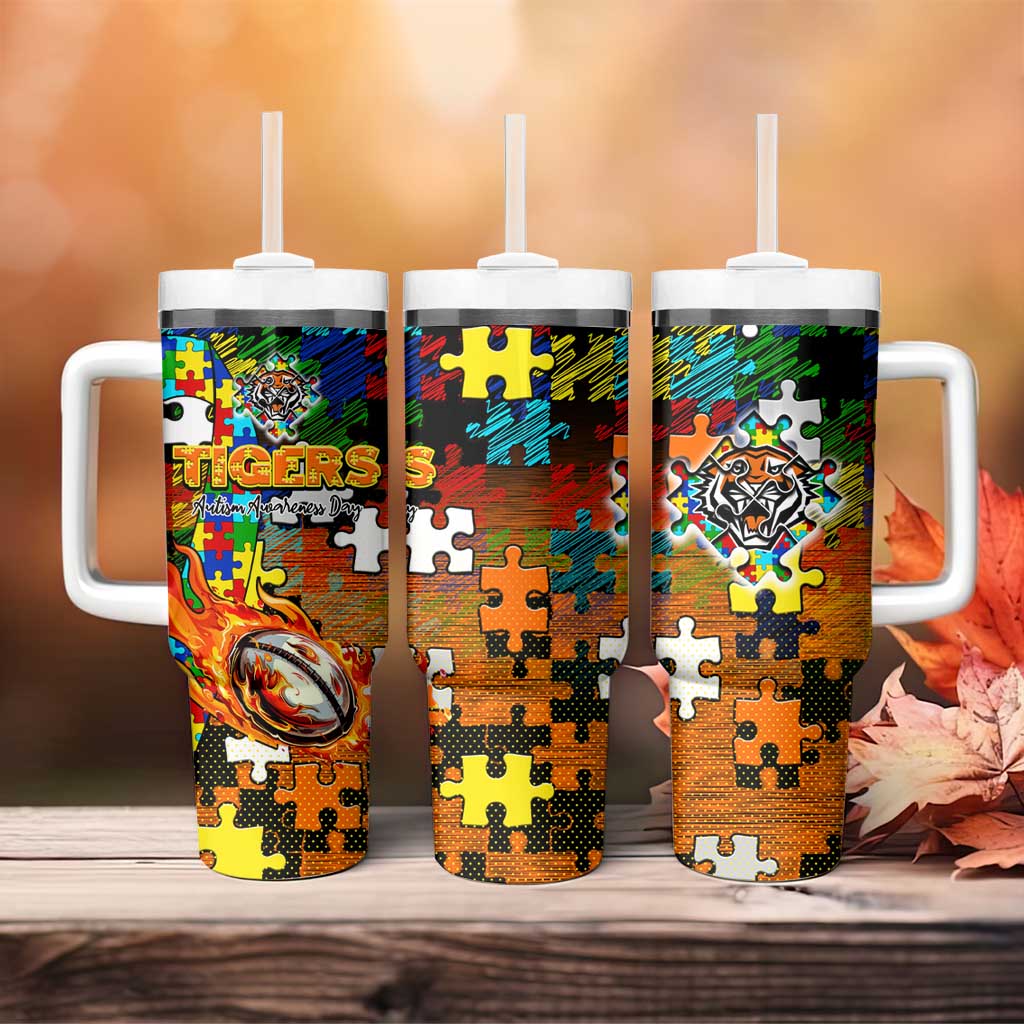 Tigers Autism Awareness Tumbler With Handle Puzzle Flames Rugby Ball
