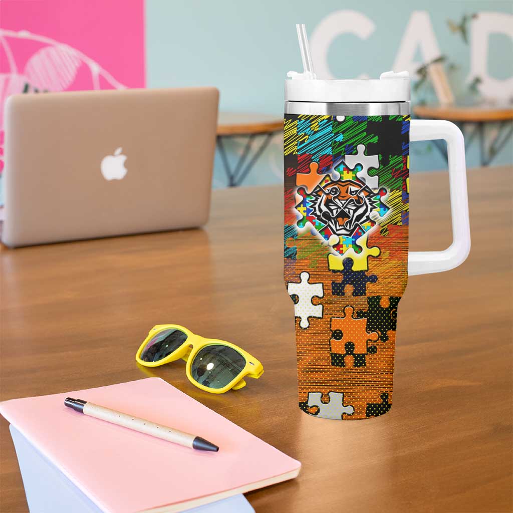 Tigers Autism Awareness Tumbler With Handle Puzzle Flames Rugby Ball