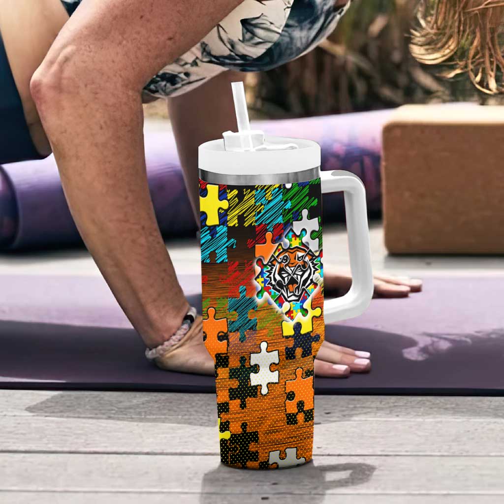 Tigers Autism Awareness Tumbler With Handle Puzzle Flames Rugby Ball