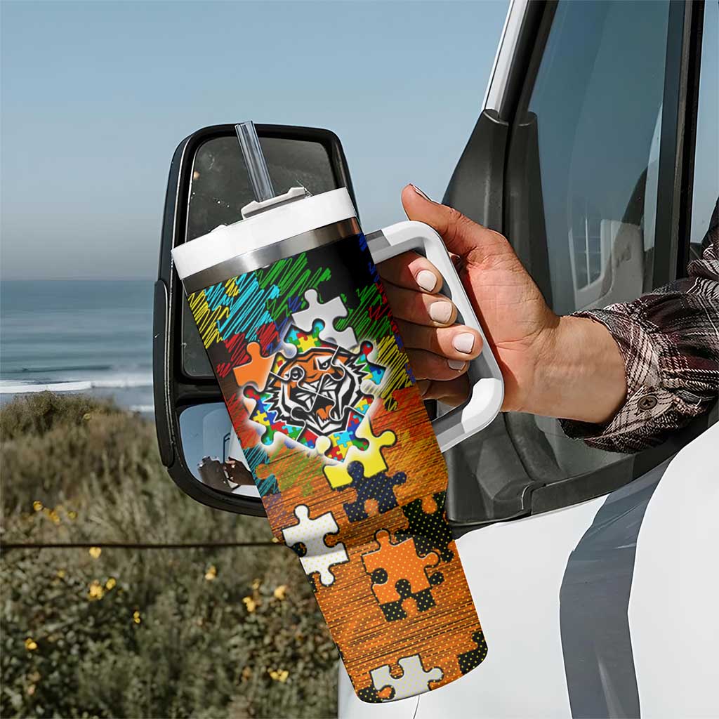 Tigers Autism Awareness Tumbler With Handle Puzzle Flames Rugby Ball