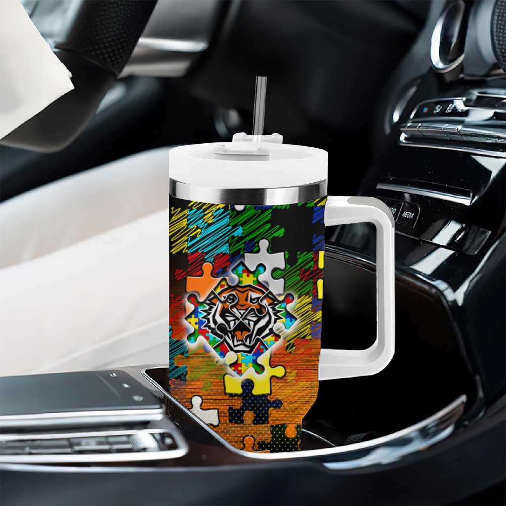 Tigers Autism Awareness Tumbler With Handle Puzzle Flames Rugby Ball