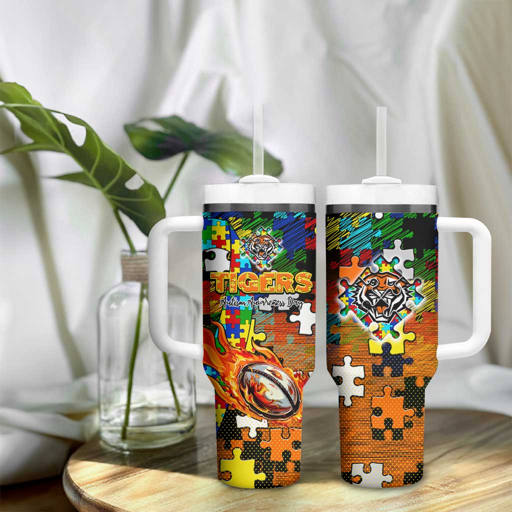 Tigers Autism Awareness Tumbler With Handle Puzzle Flames Rugby Ball