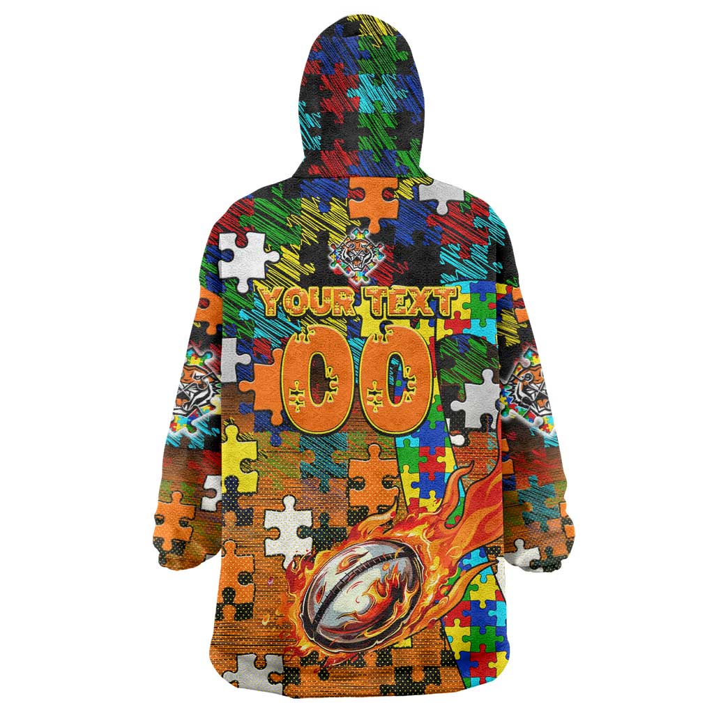 Tigers Autism Awareness Wearable Blanket Hoodie Puzzle Flames Rugby Ball