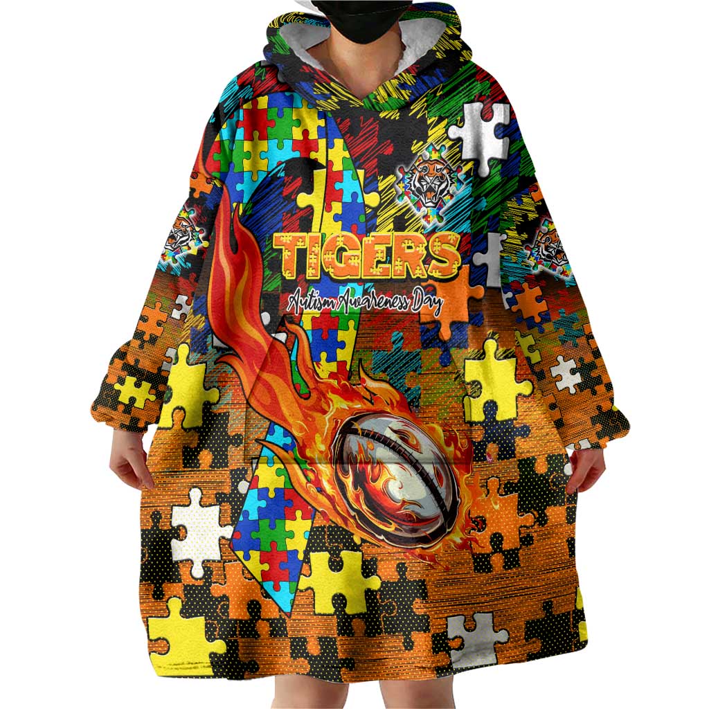 Tigers Autism Awareness Wearable Blanket Hoodie Puzzle Flames Rugby Ball
