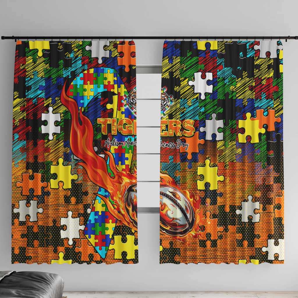 Tigers Autism Awareness Window Curtain Puzzle Flames Rugby Ball