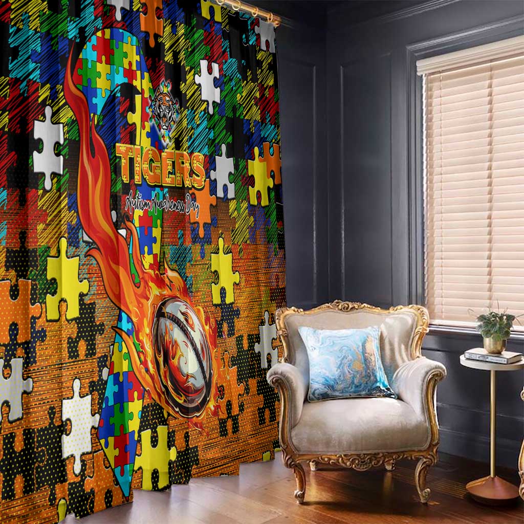 Tigers Autism Awareness Window Curtain Puzzle Flames Rugby Ball